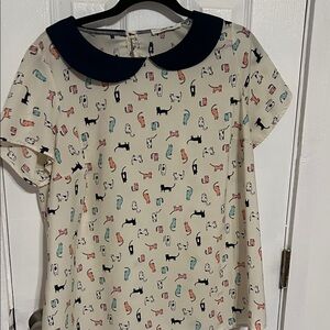 Cream Women’s Peter Pan Collared Shirt with Cat Print